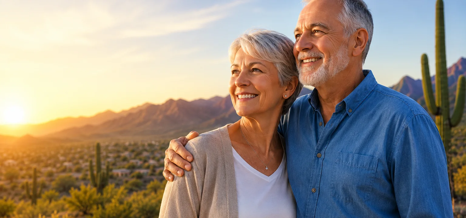 A smiling couple at sunset in the Sonoran Desert, with saguaro cactus and Arizona mountains behind them